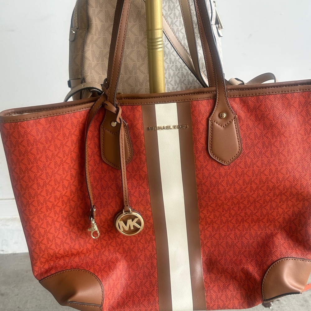 Michael Kors Red and Tan Tote Bag